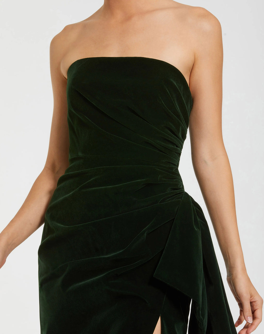 Green Strapless High Slit Draped Velvet Gown - Contemporary Collection