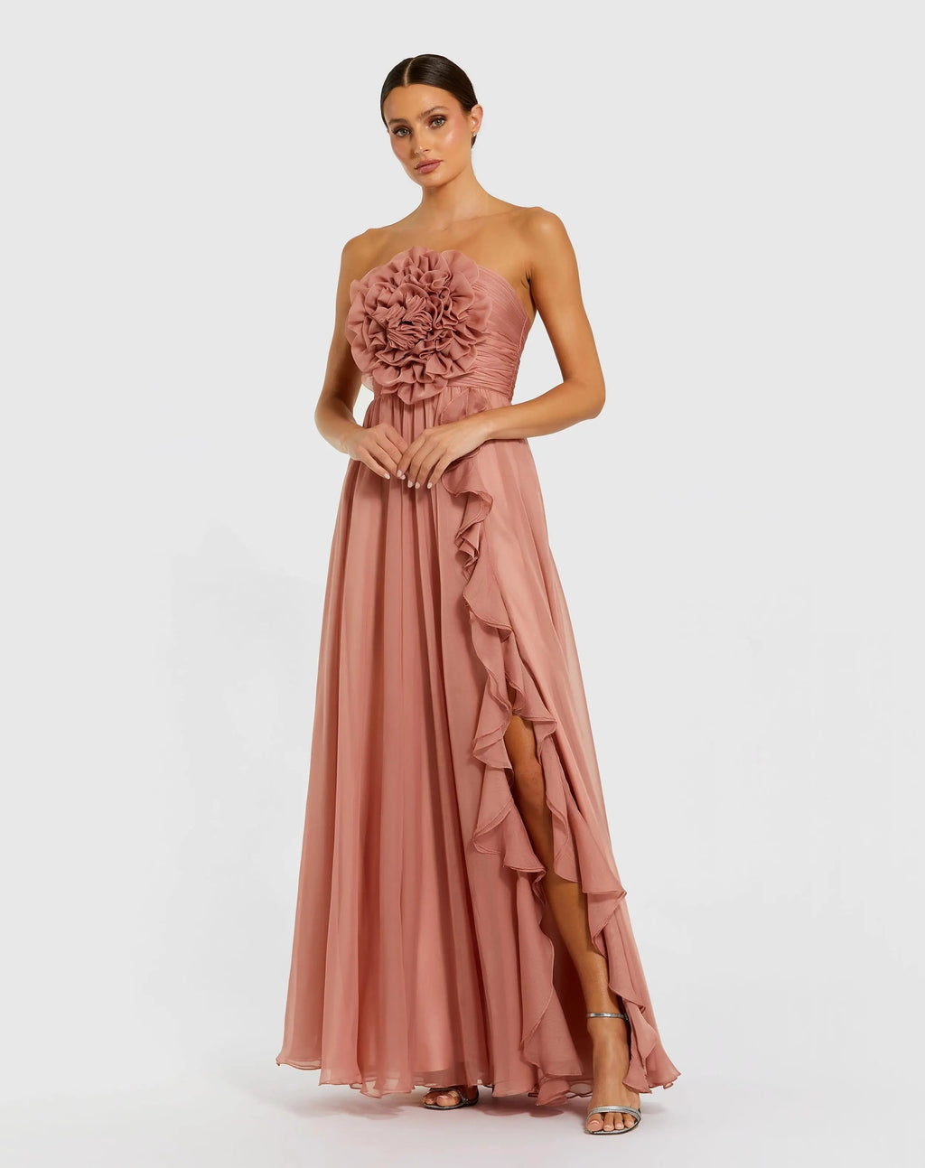 Strapless Chiffon Gown With Oversized 3D Flower Contemporary Collection