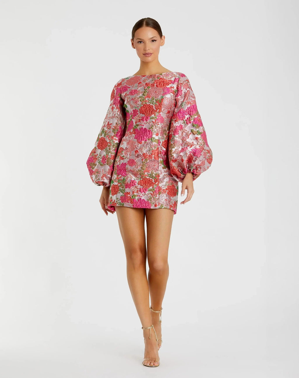 Pink Floral Brocade Balloon Sleeve Mini Dress - Designer Collection