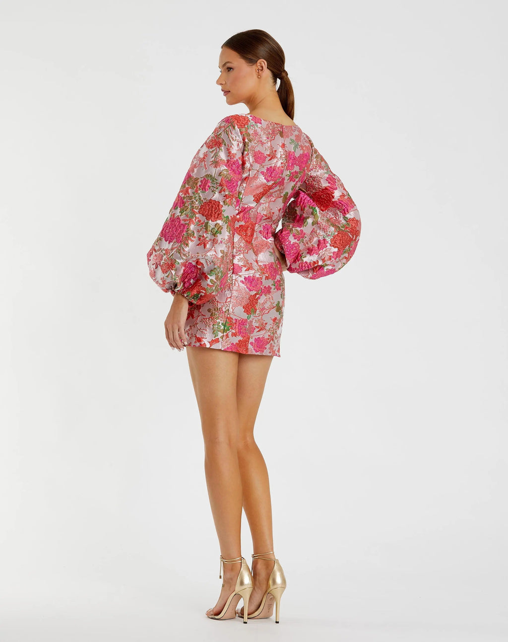 Pink Floral Brocade Balloon Sleeve Mini Dress - Contemporary Collection