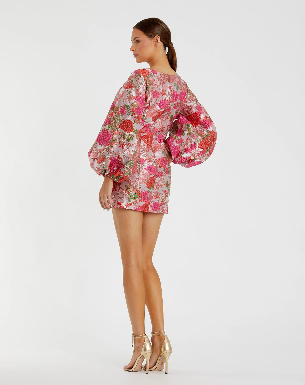 Pink Floral Brocade Balloon Sleeve Mini Dress - Contemporary Collection