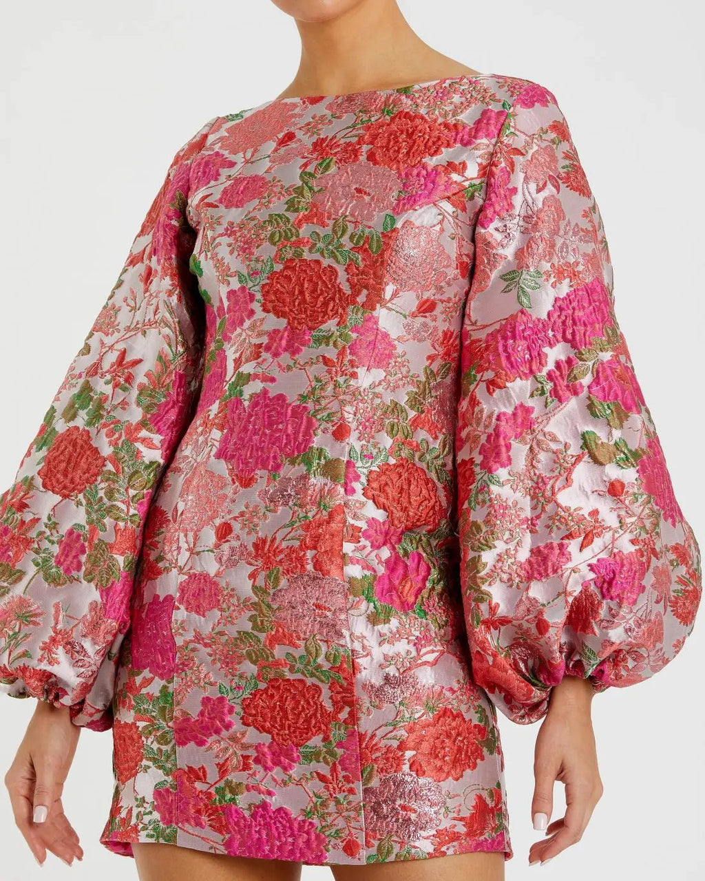 Pink Floral Brocade Balloon Sleeve Mini Dress - Contemporary Collection