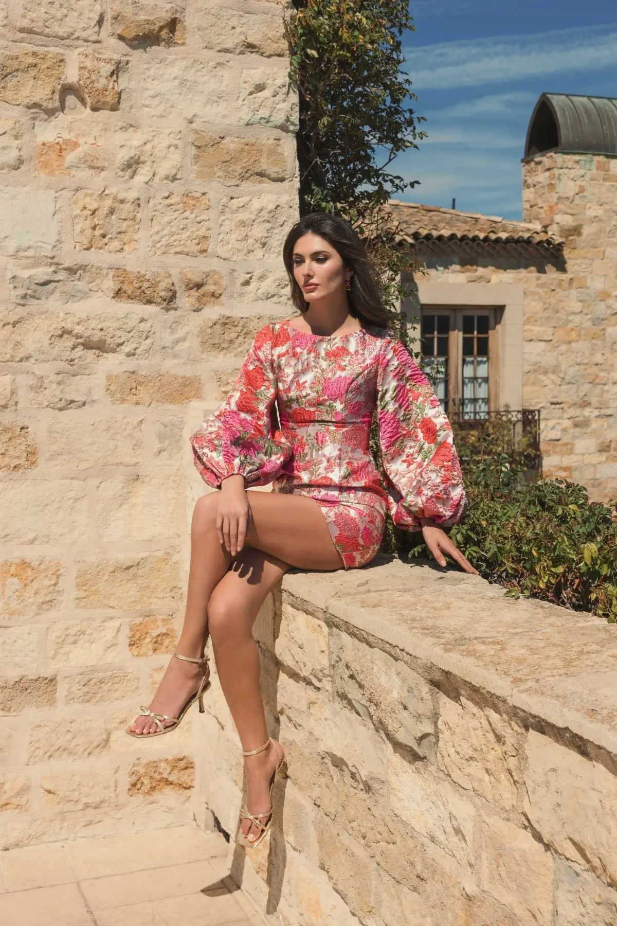 Pink Floral Brocade Balloon Sleeve Mini Dress - Contemporary Collection