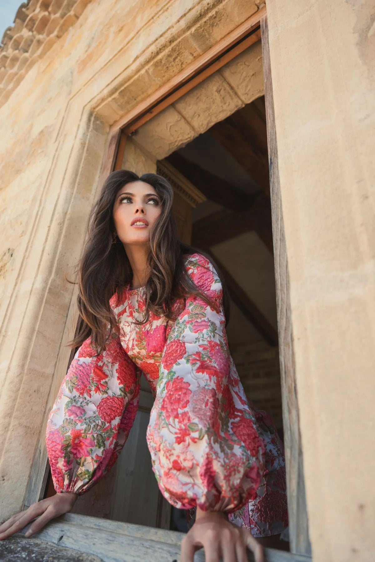 Pink Floral Brocade Balloon Sleeve Mini Dress - Contemporary Collection