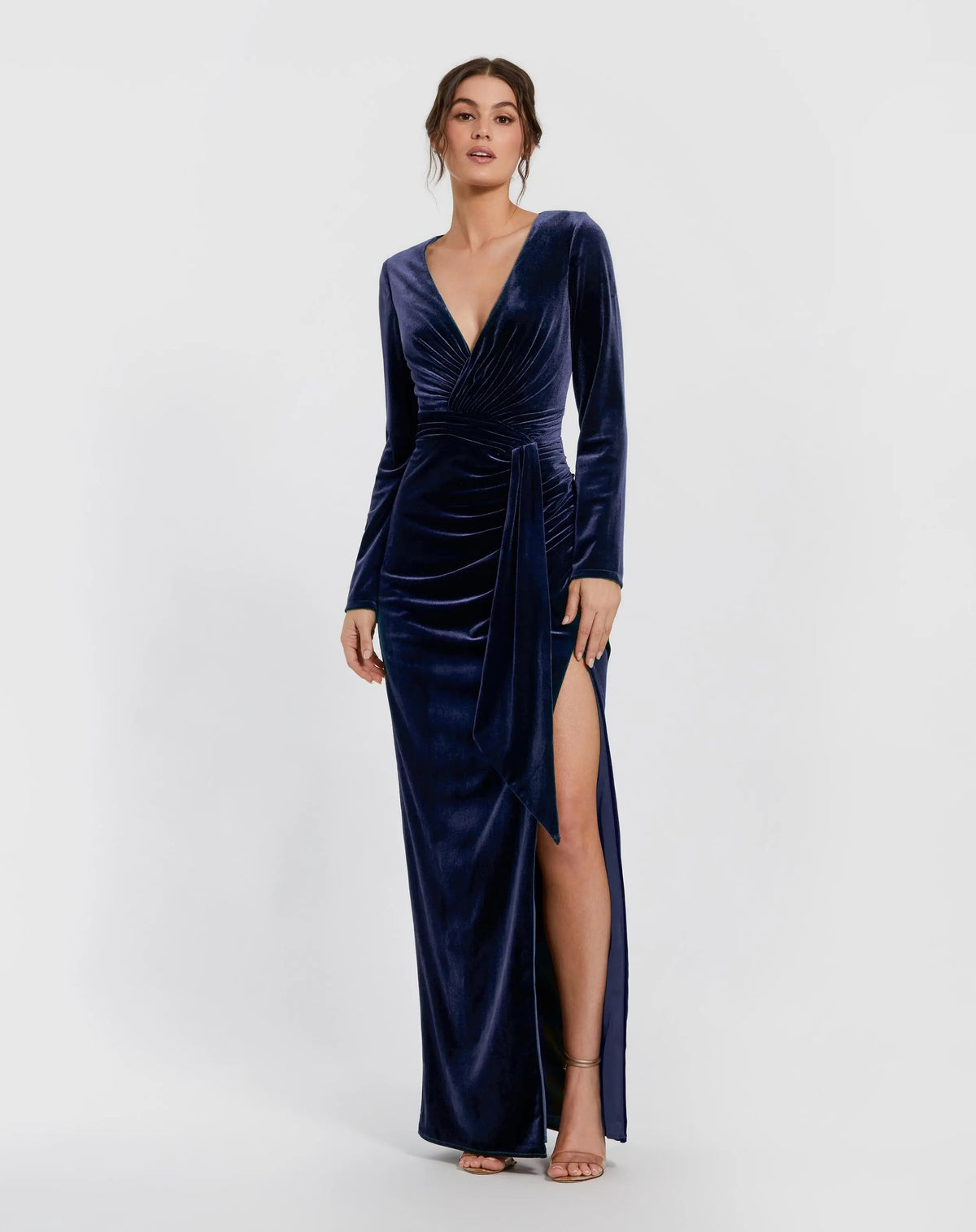 Dark Blue Ruched Velvet Column Evening Gown - Designer Collection