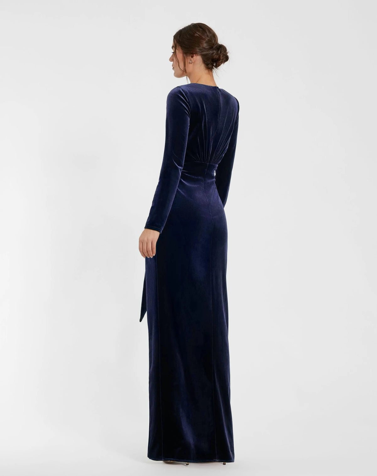 Dark Blue Ruched Velvet Column Evening Gown - Designer Collection