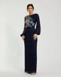 Navy Embellished Multi Color Floral High Neck Gown - Designer Collection