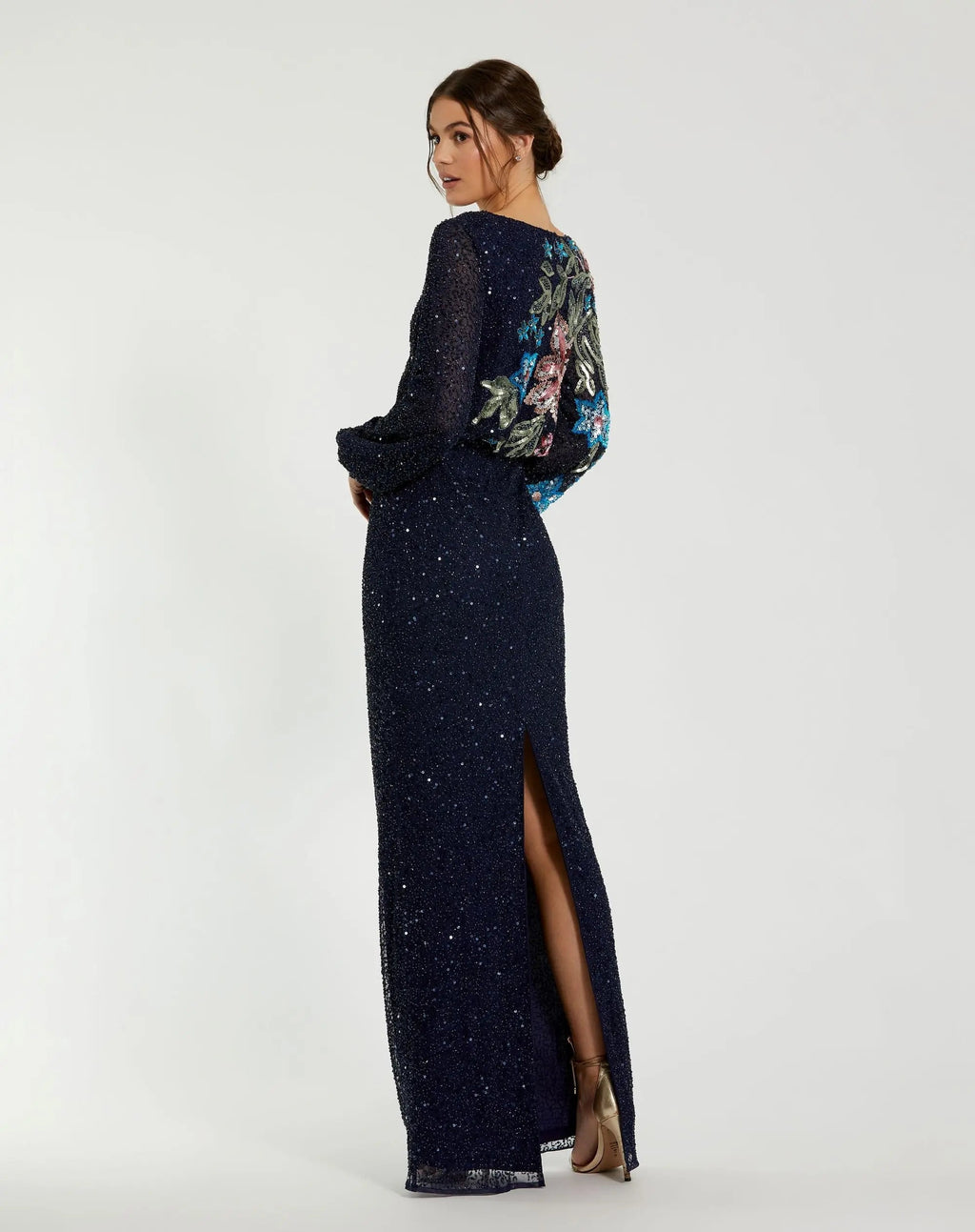 Navy Embellished Multi Color Floral High Neck Gown - Designer Collection
