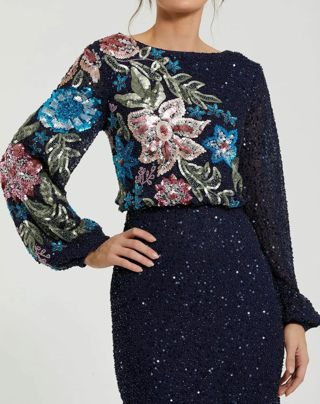 Navy Embellished Multi Color Floral High Neck Gown - Designer Collection