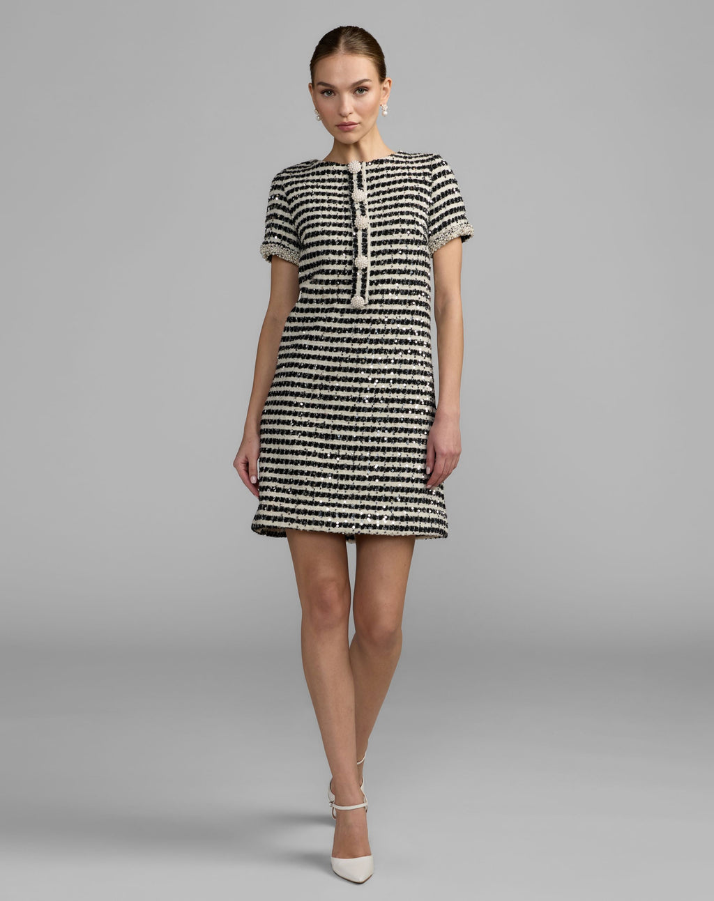 Black and White Striped Button Up  Boucle Mini Dress - Contemporary Collection