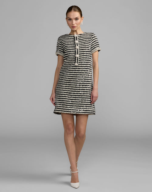 Black and White Striped Button Up  Boucle Mini Dress - Contemporary Collection