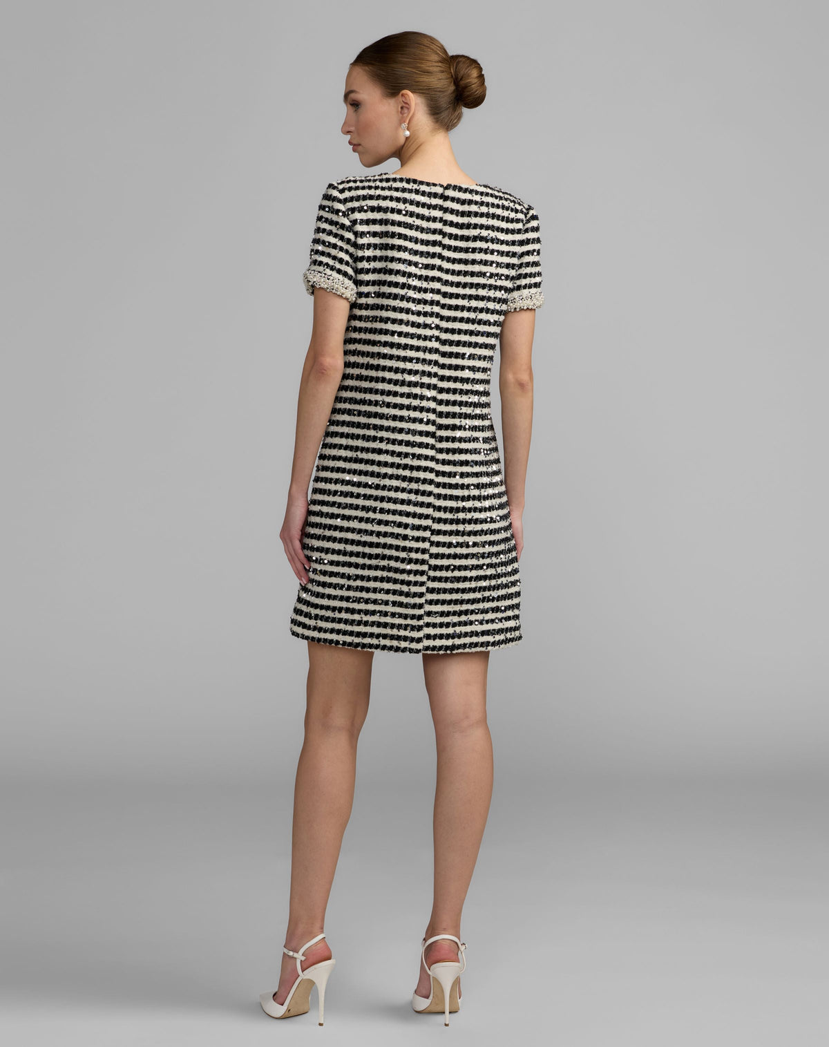 Black and White Striped Button Up  Boucle Mini Dress - Contemporary Collection