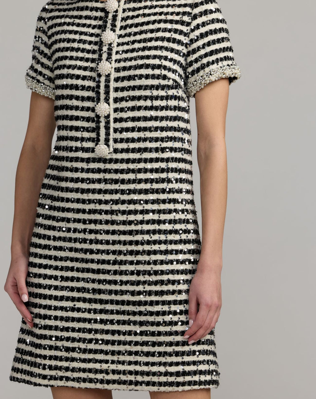 Black and White Striped Button Up  Boucle Mini Dress - Contemporary Collection