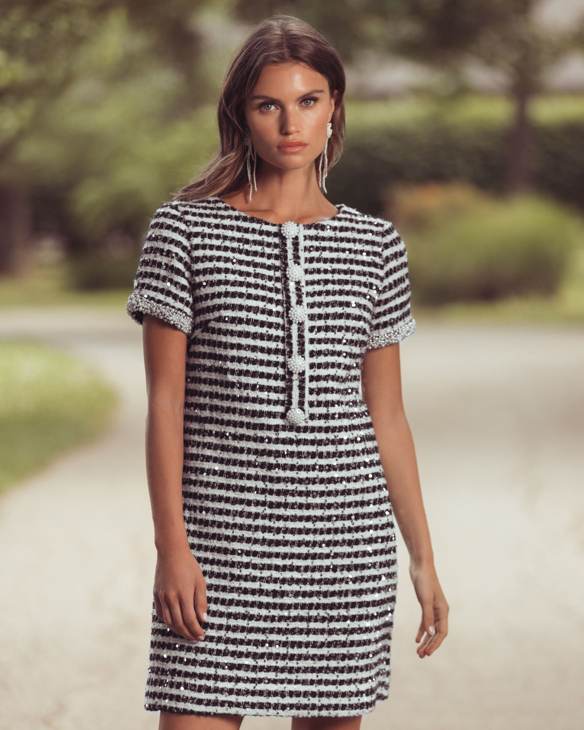 Black and White Striped Button Up  Boucle Mini Dress - Contemporary Collection