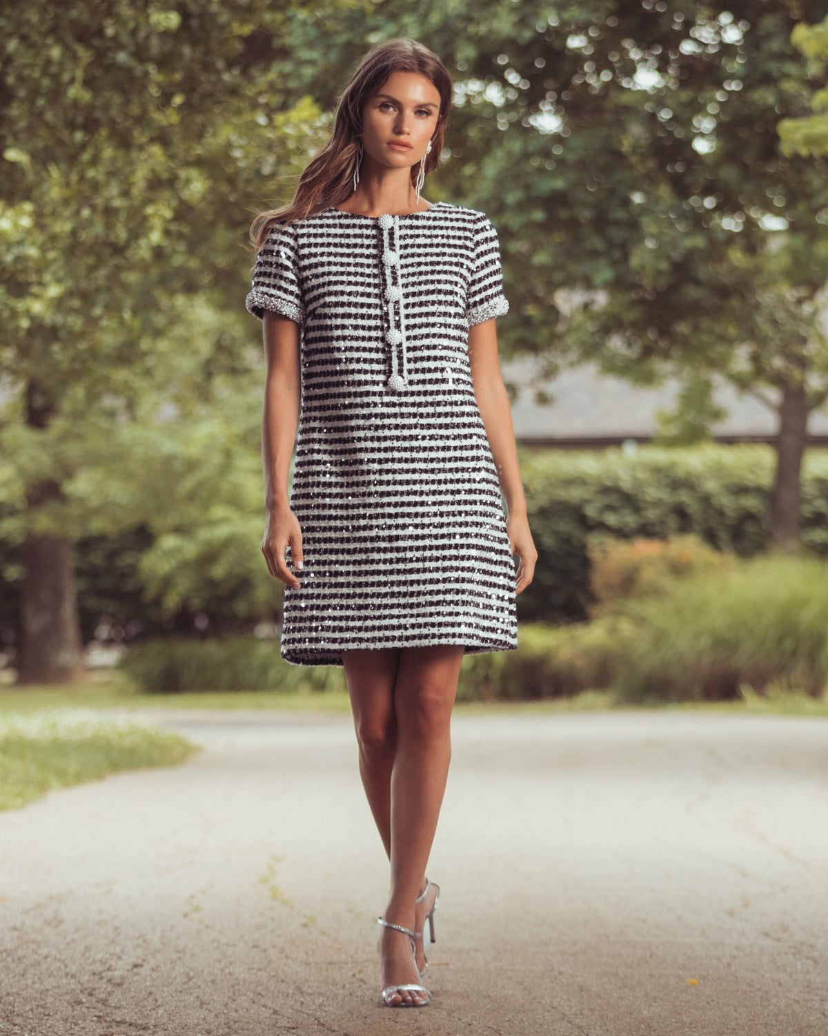 Black and White Striped Button Up  Boucle Mini Dress - Contemporary Collection