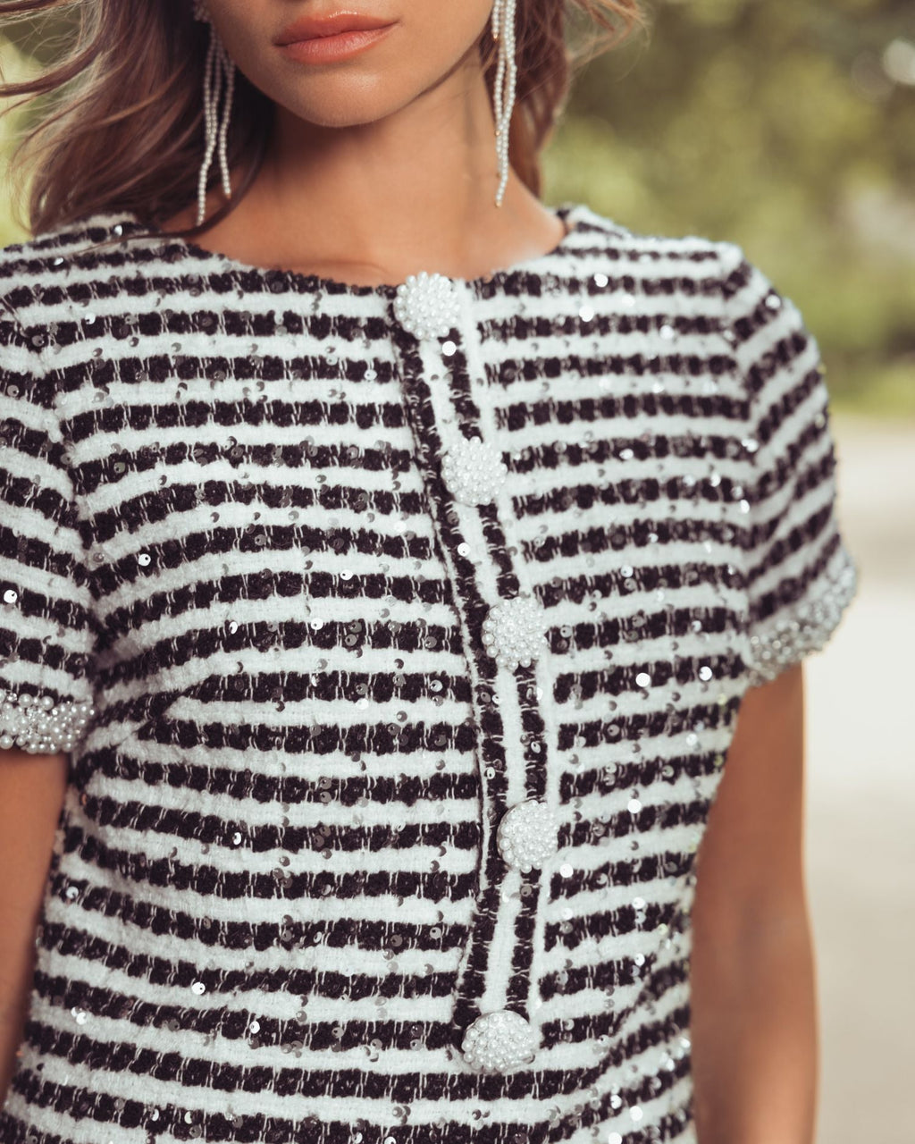 Black and White Striped Button Up  Boucle Mini Dress - Contemporary Collection