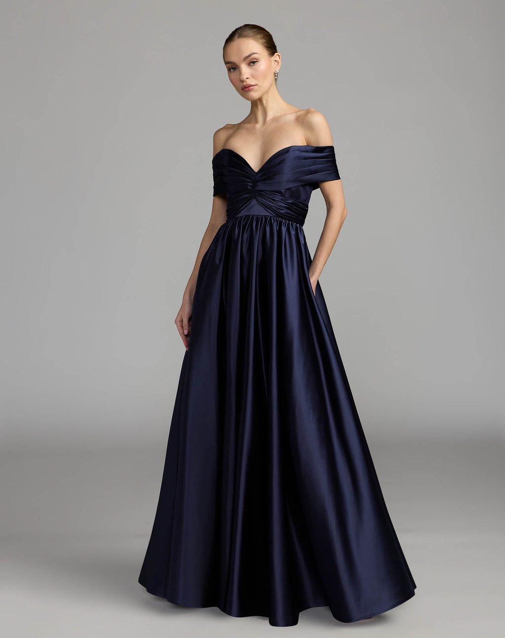 Navy Satin Off The Shoulder Twist Evening Ball Gown - Contemporary Collection