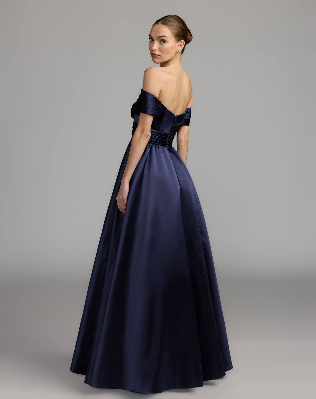 Navy Satin Off The Shoulder Twist Evening Ball Gown - Contemporary Collection