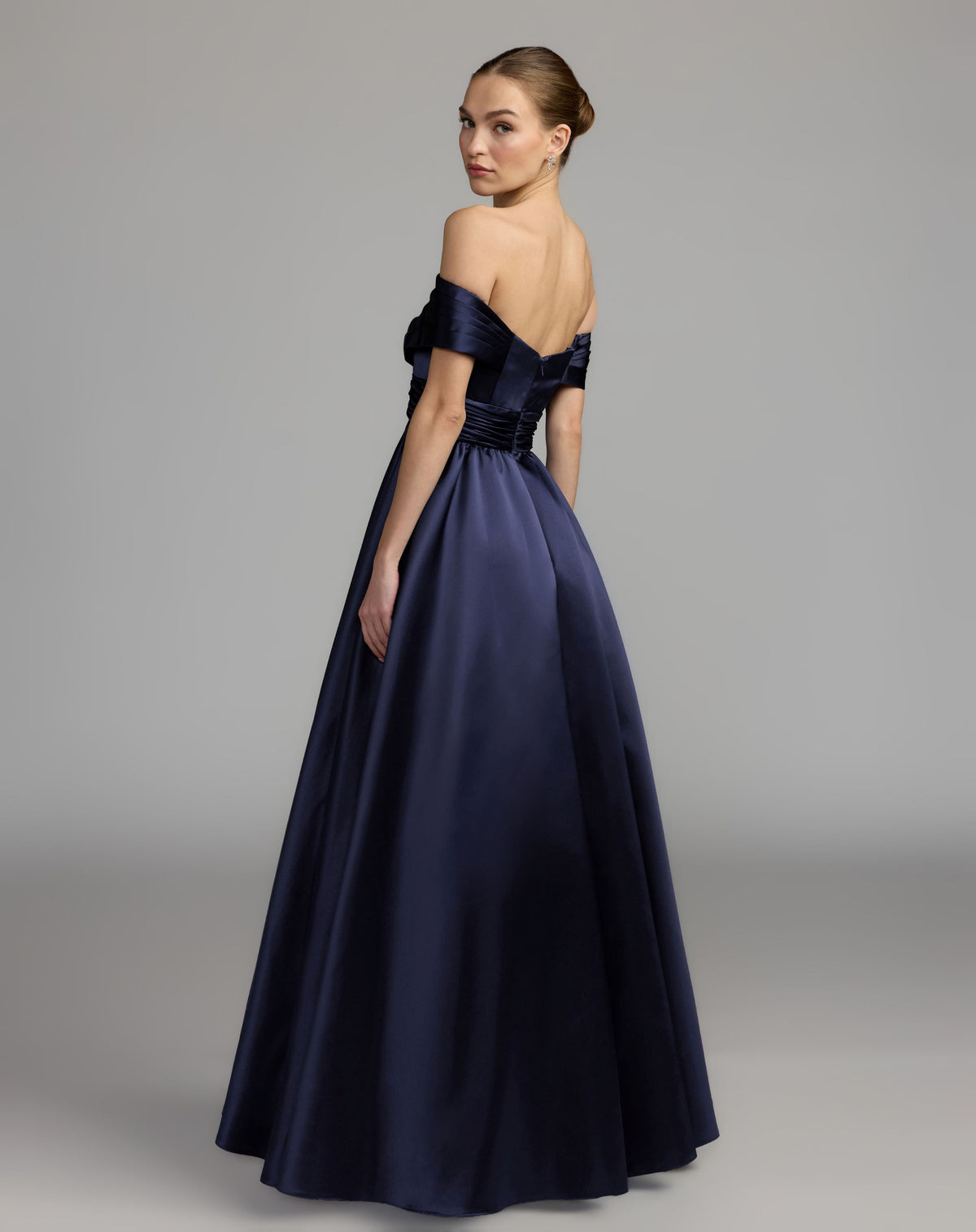 Navy Satin Off The Shoulder Twist Evening Ball Gown - Contemporary Collection