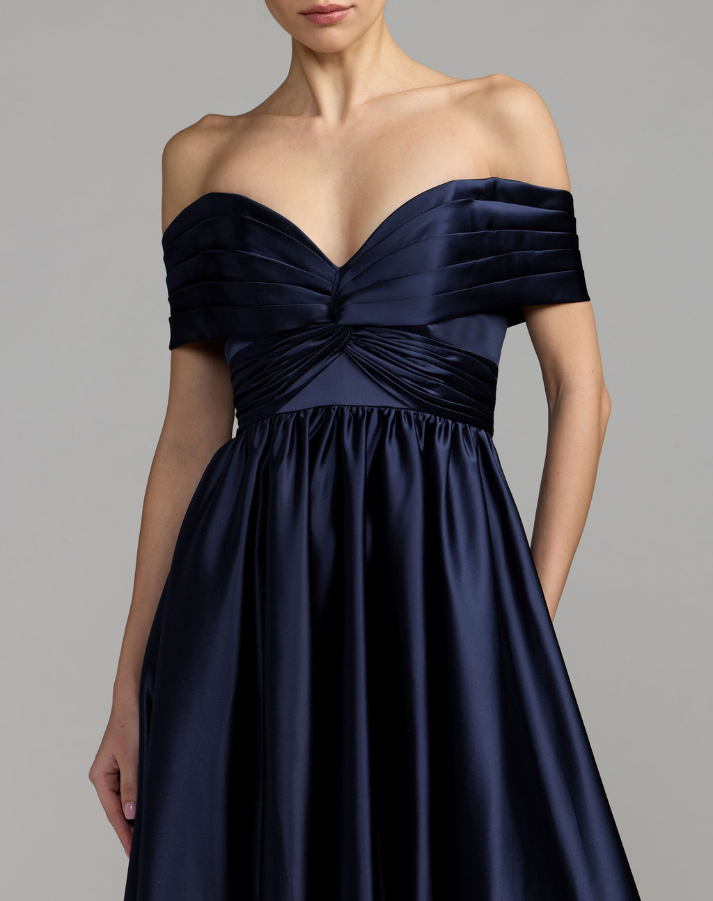Navy Satin Off The Shoulder Twist Evening Ball Gown - Contemporary Collection