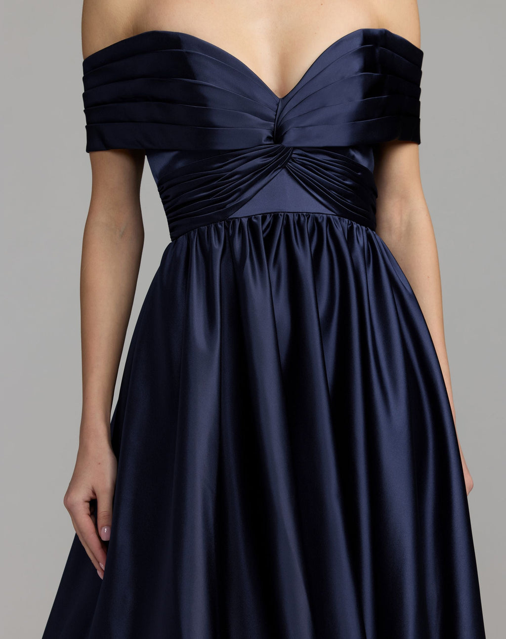 Navy Satin Off The Shoulder Twist Evening Ball Gown - Contemporary Collection