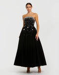 Black Velvet Strapless A-Line Midi Dress with Embellishments - Contemporary Collection