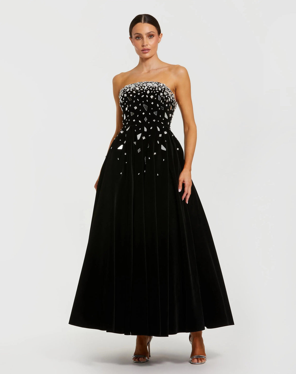 Black Velvet Strapless A-Line Midi Dress with Embellishments - Contemporary Collection