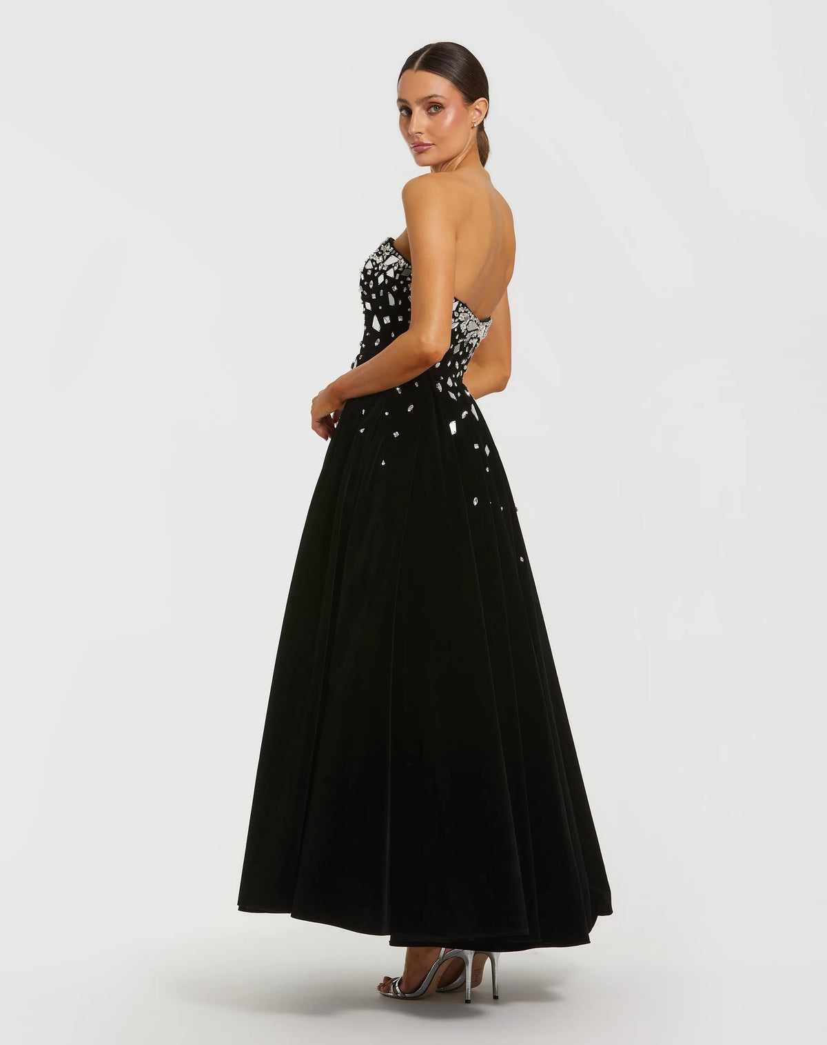 Black Velvet Strapless A-Line Midi Dress with Embellishments - Contemporary Collection