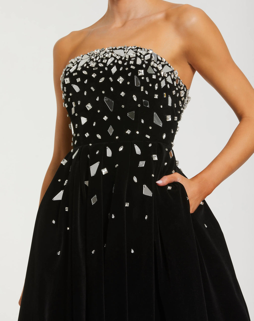 Black Velvet Strapless A-Line Midi Dress with Embellishments - Contemporary Collection