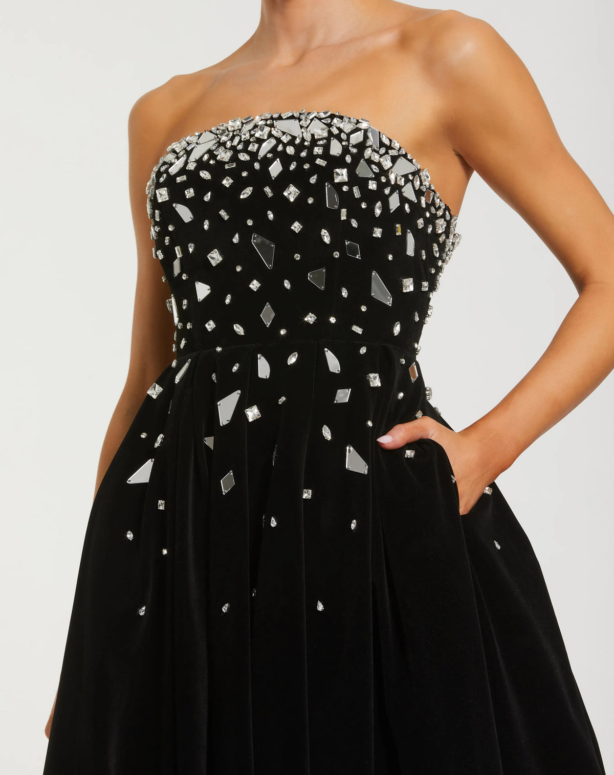 Black Velvet Strapless A-Line Midi Dress with Embellishments - Contemporary Collection