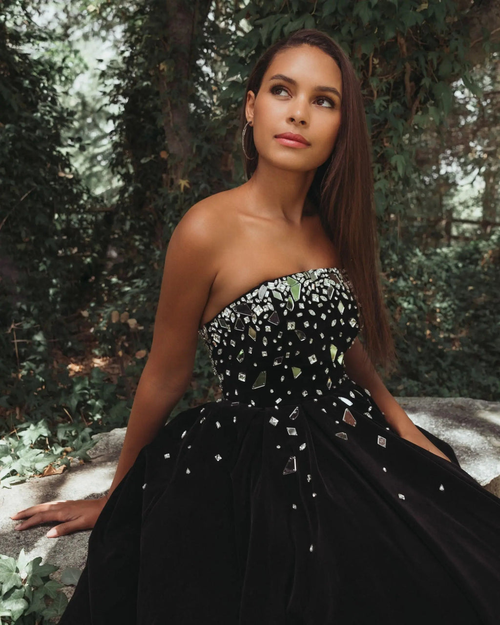 Black Velvet Strapless A-Line Midi Dress with Embellishments - Contemporary Collection
