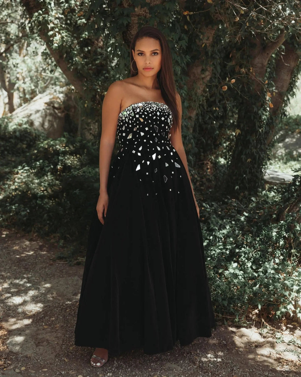 Black Velvet Strapless A-Line Midi Dress with Embellishments - Contemporary Collection