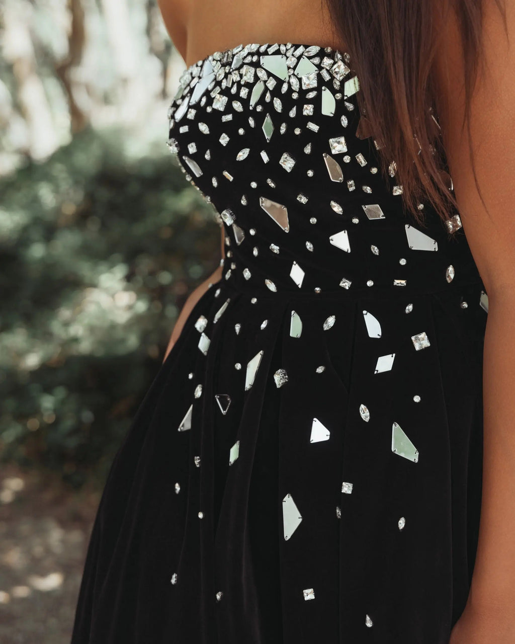 Black Velvet Strapless A-Line Midi Dress with Embellishments - Contemporary Collection