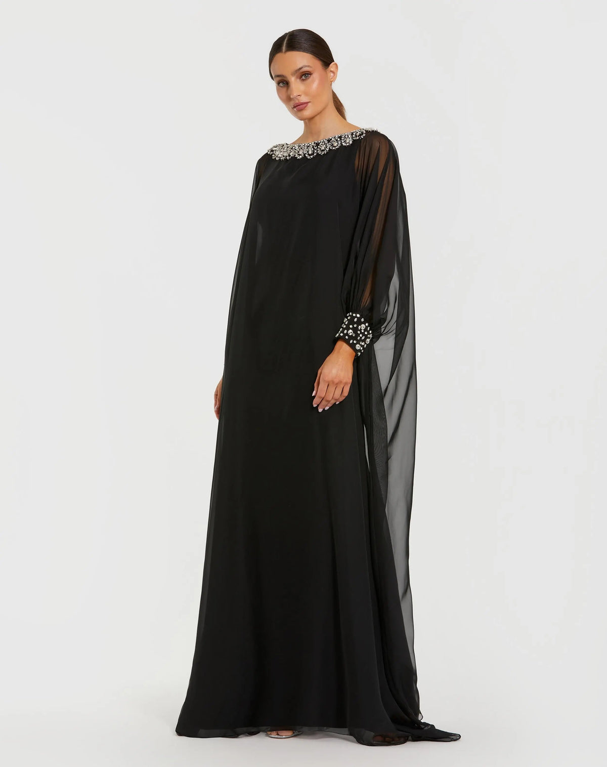 Black Long Sleeve Embellished Chiffon Kaftan Gown - Designer Collection