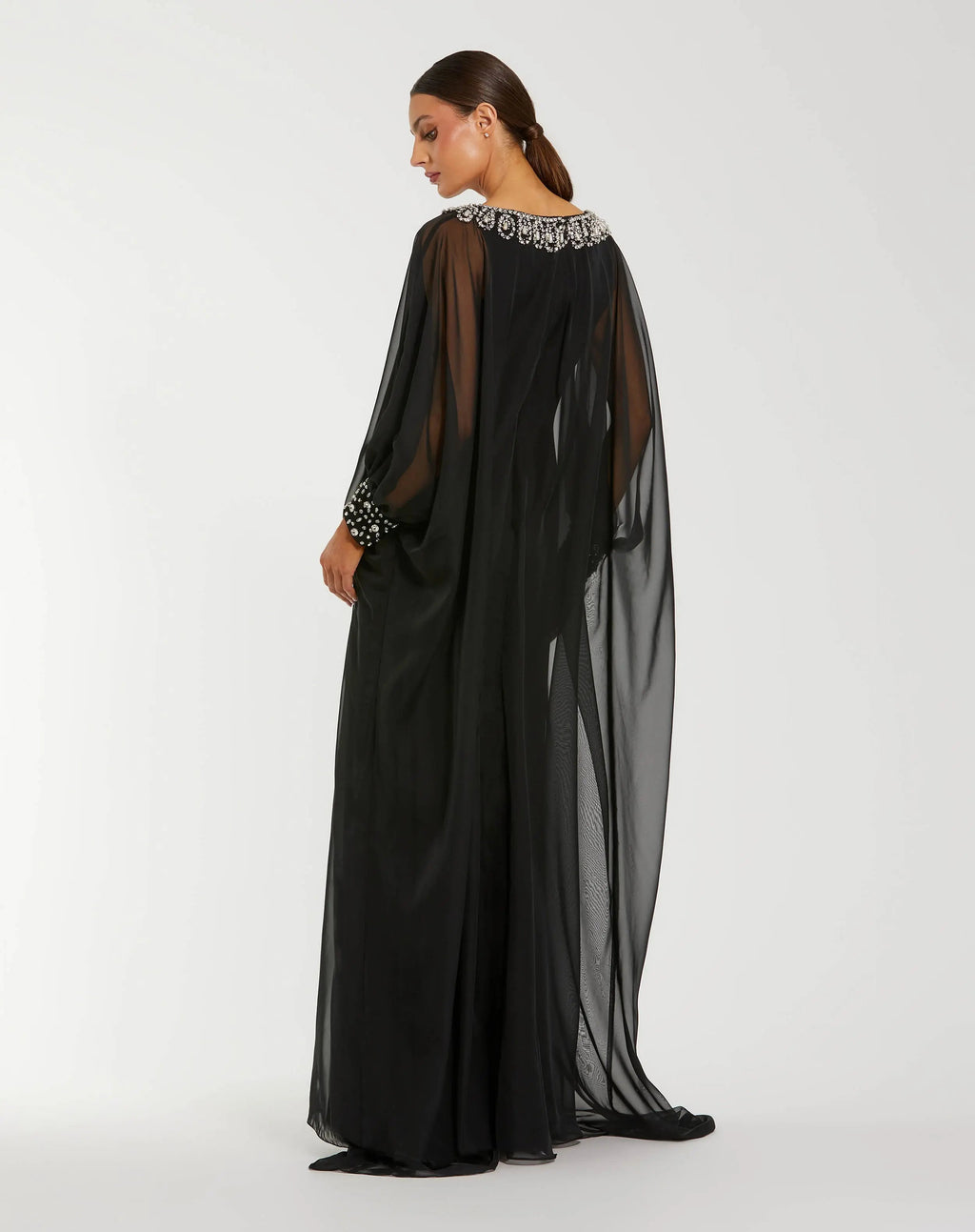 Black Long Sleeve Embellished Chiffon Kaftan Gown - Designer Collection