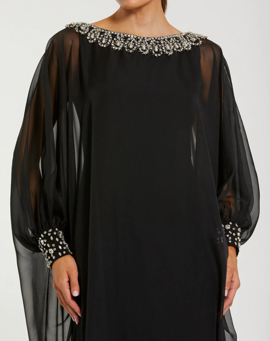 Black Long Sleeve Embellished Chiffon Kaftan Gown - Designer Collection