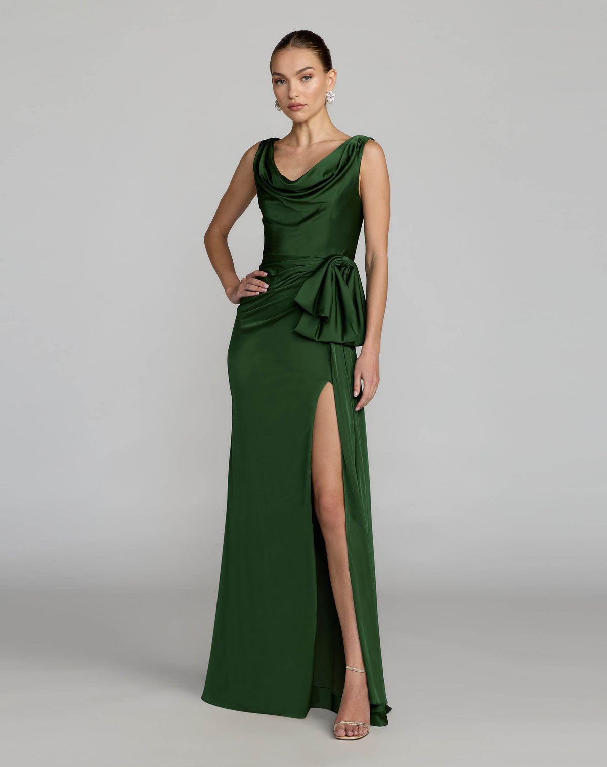 Green Draped Cowl Neck Gown with Side Slit Contemporary Collection