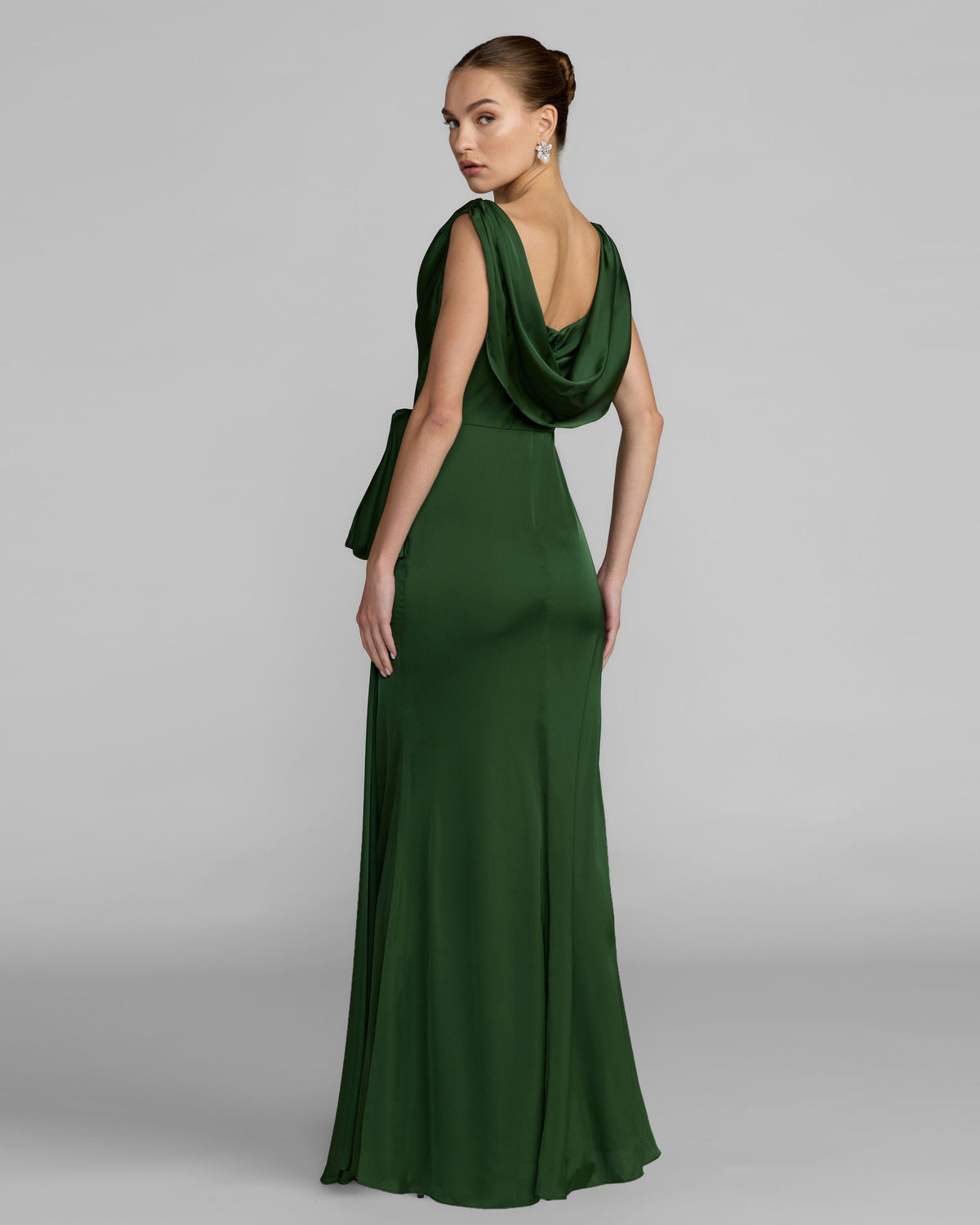 Green Draped Cowl Neck Gown with Side Slit Contemporary Collection