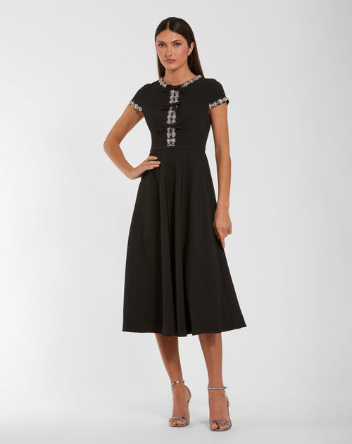 Black Embellished Crepe Cap Sleeve Midi Dress - Contemporary Collection