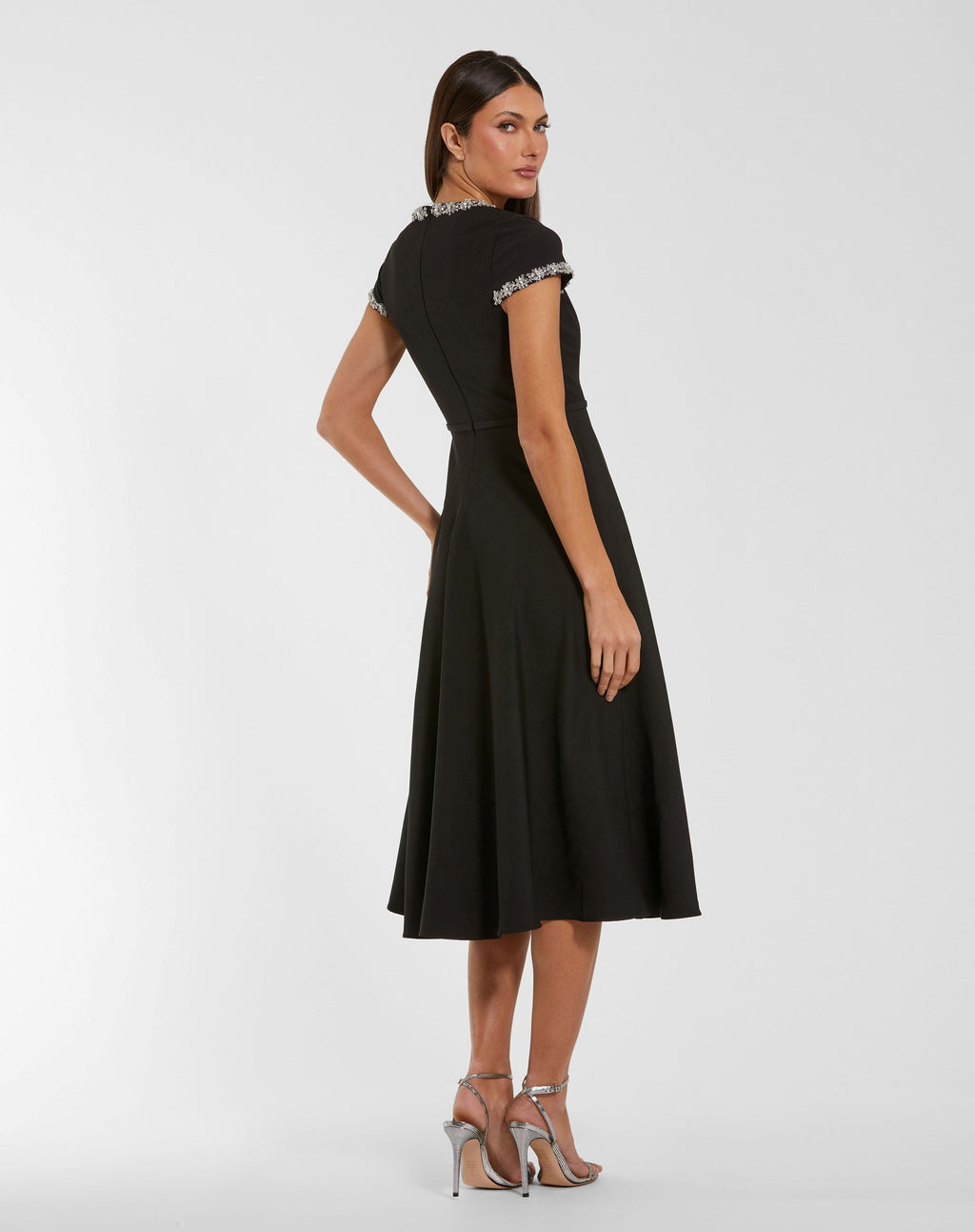 Black Embellished Crepe Cap Sleeve Midi Dress - Contemporary Collection