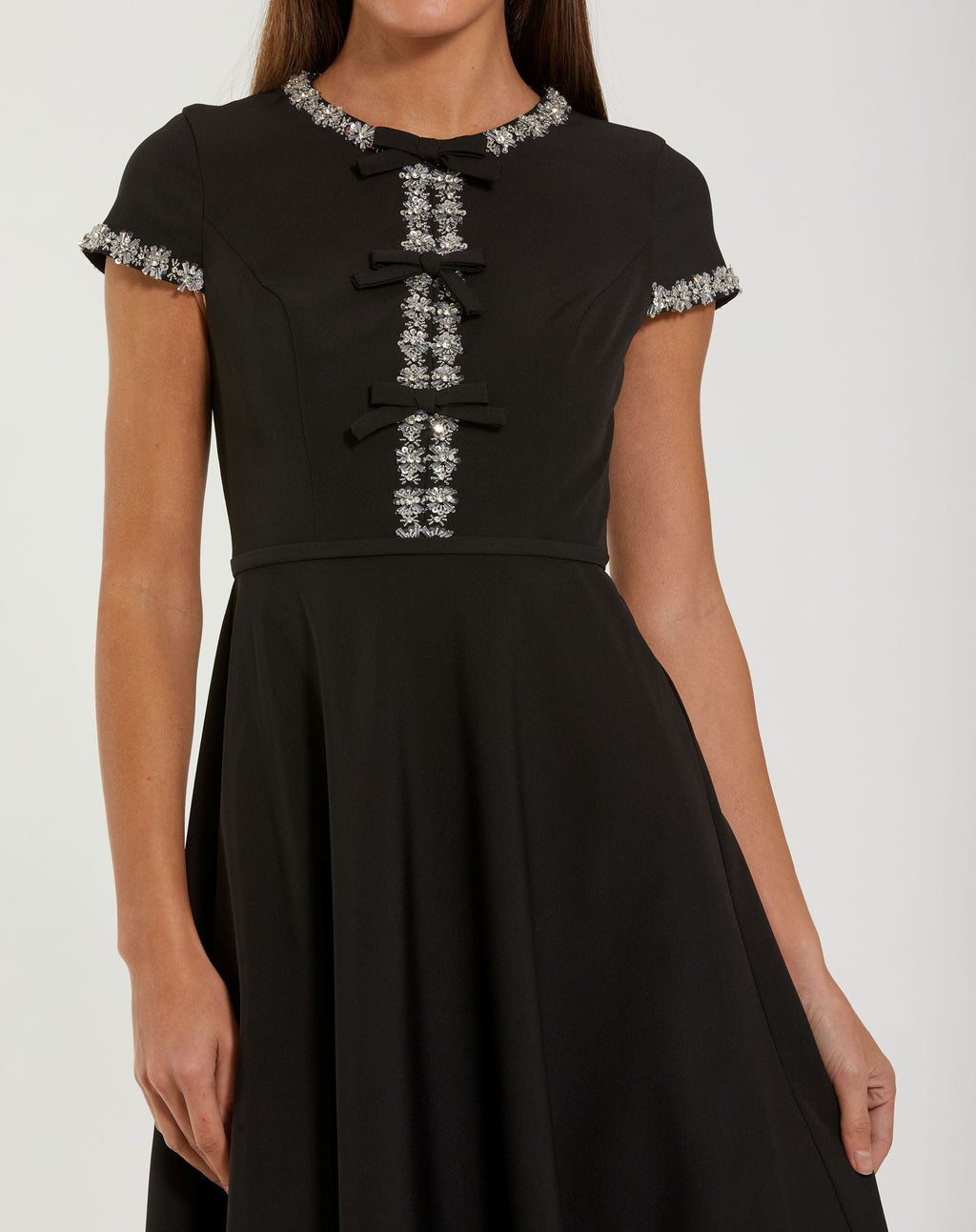 Black Embellished Crepe Cap Sleeve Midi Dress - Contemporary Collection
