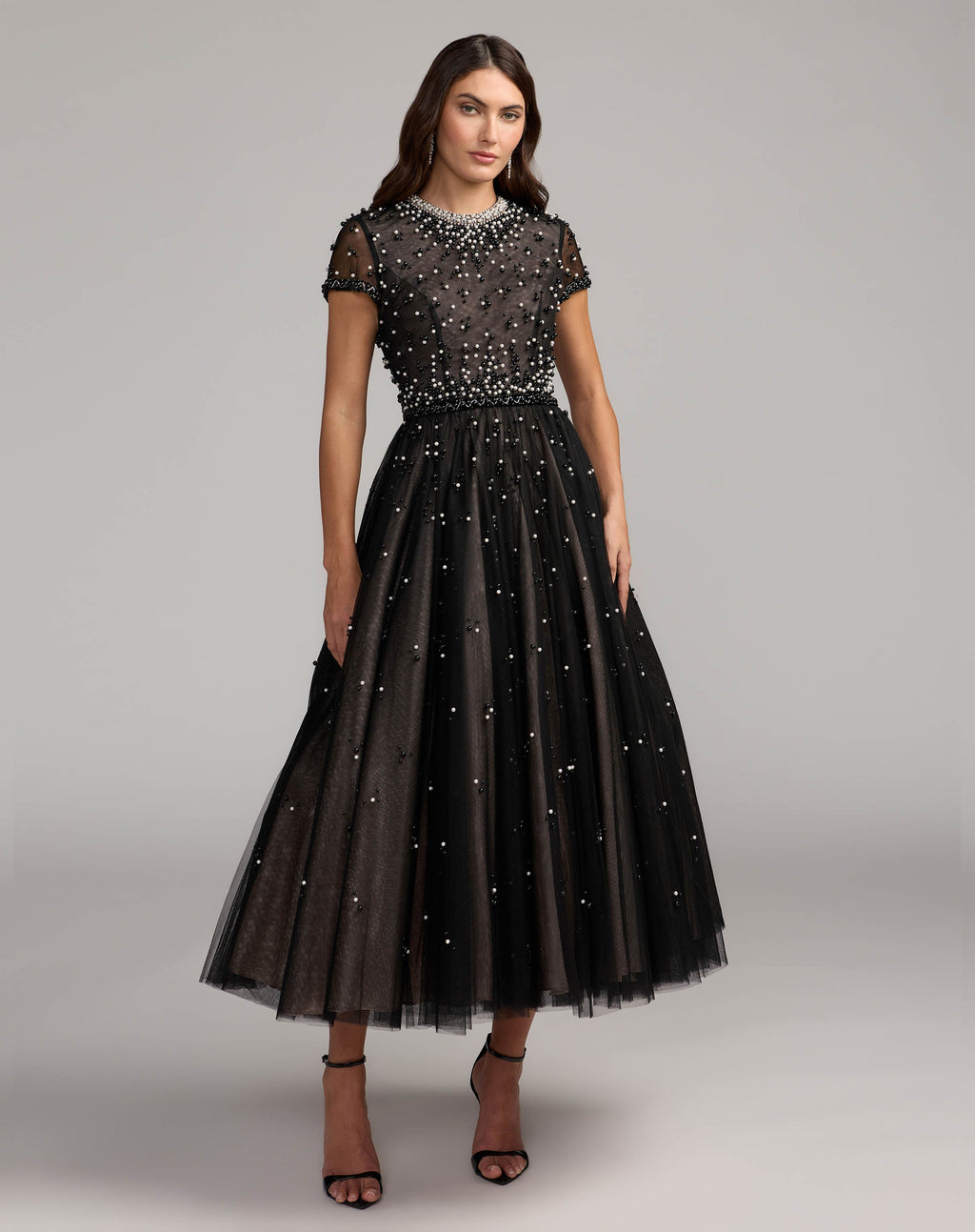 Black Embellished Pearl Tulle Midi Dress Designer Collection