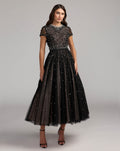 Black Embellished Pearl Tulle Midi Dress Designer Collection