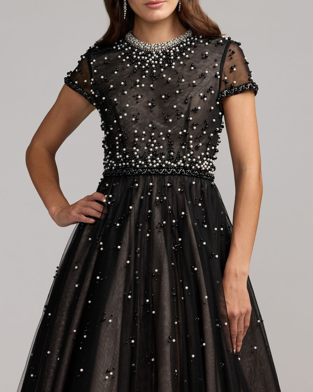 Black Embellished Pearl Tulle Midi Dress Designer Collection