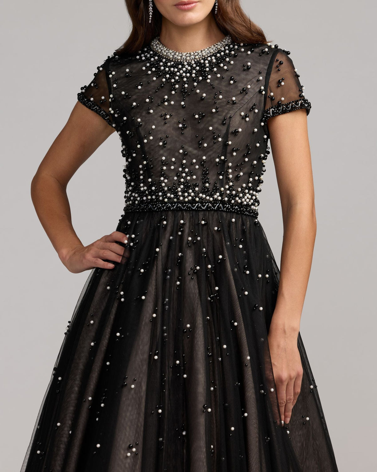 Black Embellished Pearl Tulle Midi Dress Designer Collection