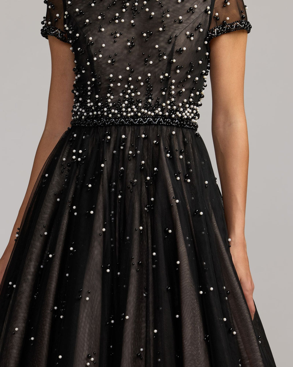 Black Embellished Pearl Tulle Midi Dress Designer Collection