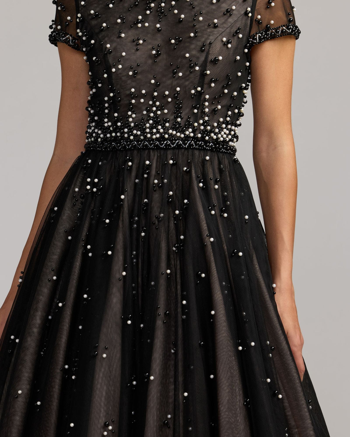 Black Embellished Pearl Tulle Midi Dress Designer Collection