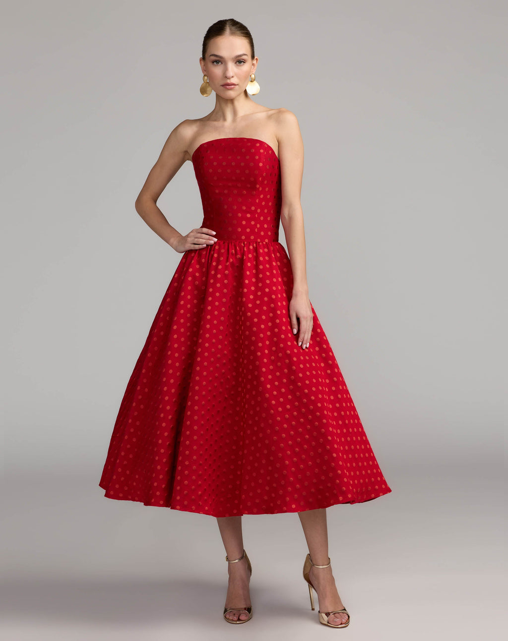Red Strapless Polka Dot Brocade Midi Dress Contemporary Collection