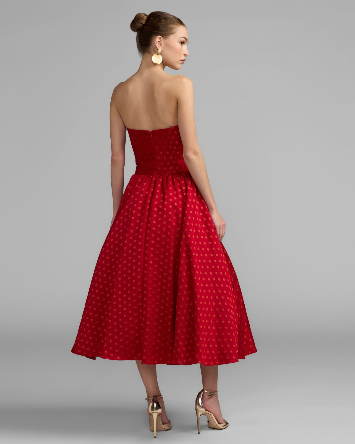 Red Strapless Polka Dot Brocade Midi Dress Contemporary Collection