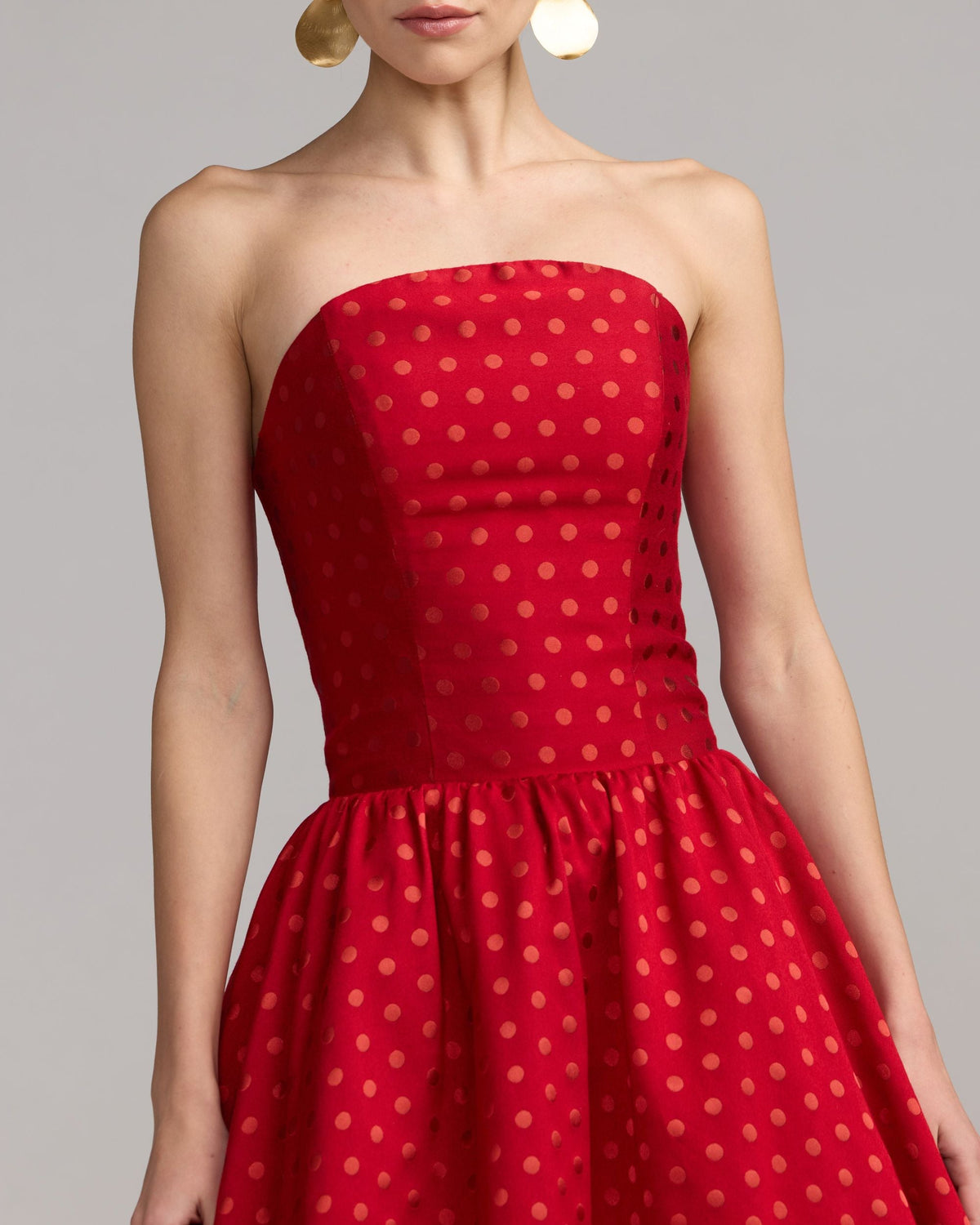 Red Strapless Polka Dot Brocade Midi Dress Contemporary Collection